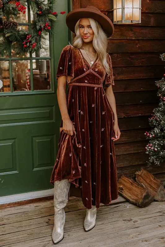 Boho Vibes Embroidered Velvet Midi in Chocolate sold by Impressions