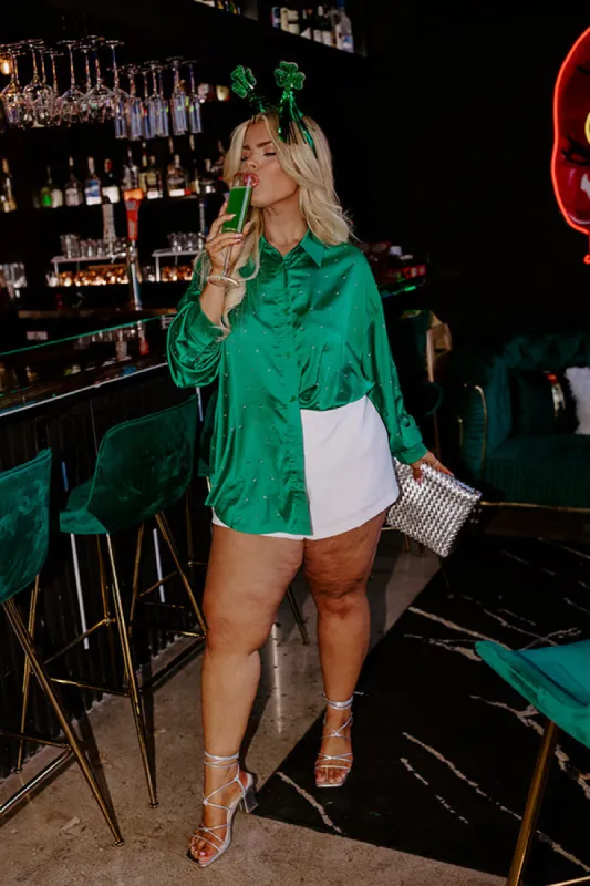 Milan Muse Rhinestone Satin Top In Kelly Green Curves sold by Impressions