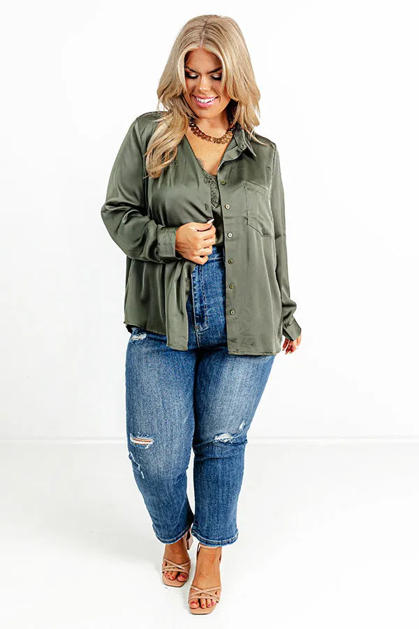 Once In A Lifetime Satin Top In Olive Curves sold by Impressions