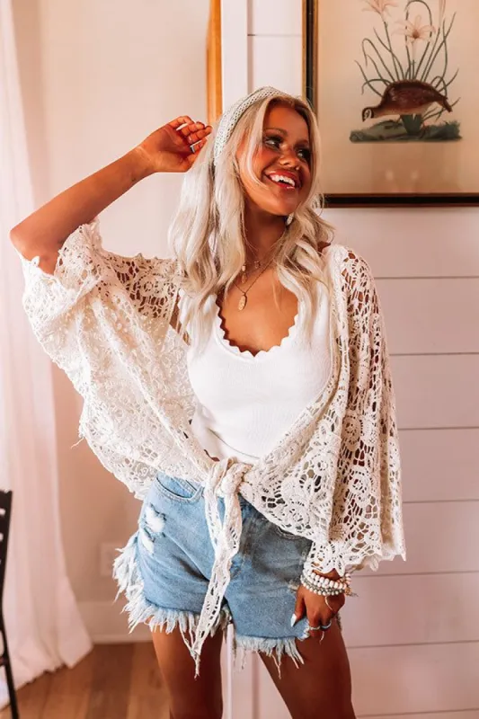 Sail The Day Away Front Tie Crochet Top in Cream sold by Impressions