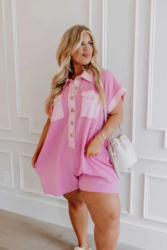 Wonderful Weekend Waffle Knit Romper in Pink Curves sold by Impressions