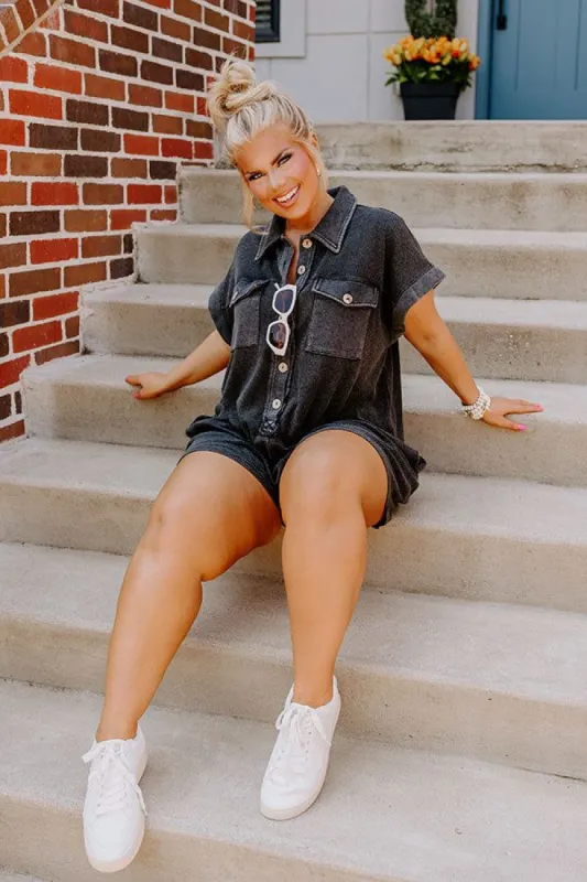 Wonderful Weekend Waffle Knit Romper in Vintage Black Curves sold by Impressions