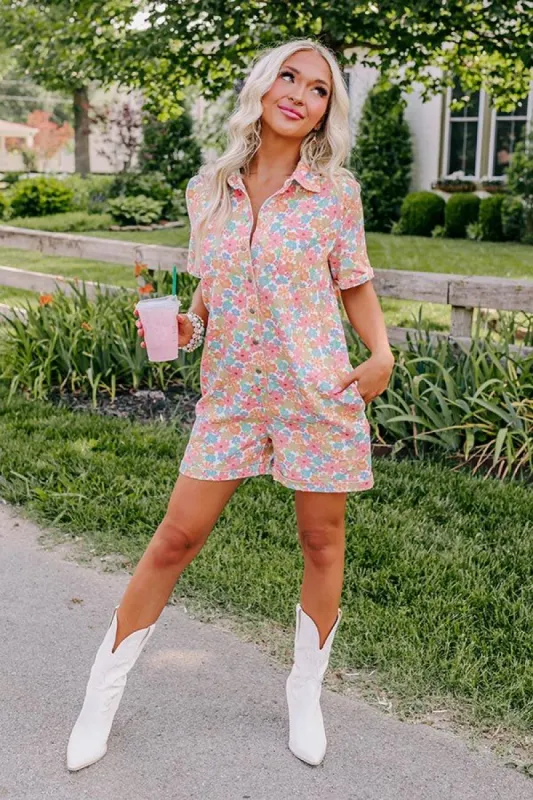 Sunny With A Chance of Blooms Denim Romper in Blooming Dahlia sold by Impressions