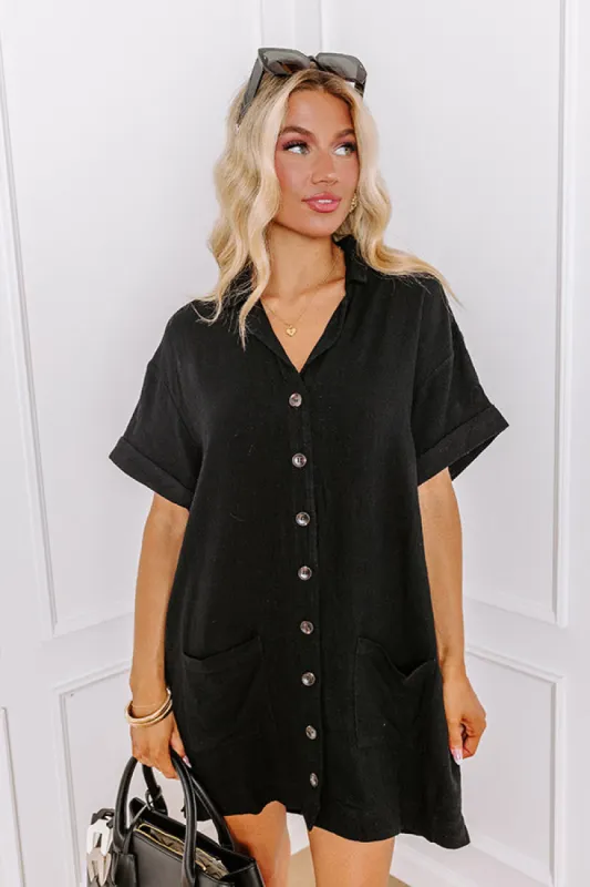 St. Lucia Bound Linen-Blend Mini Dress in Black sold by Impressions