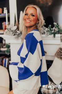 Hear The Beat Checkered Sweater In Royal Blue sold by Impressions