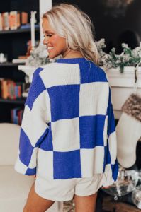 Hear The Beat Checkered Sweater In Royal Blue sold by Impressions
