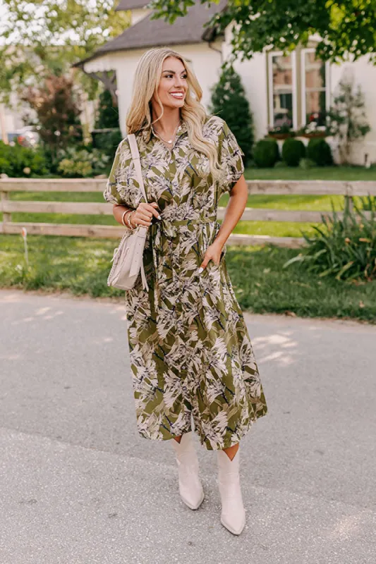 Vineyard Charm Satin Midi in Olive sold by Impressions