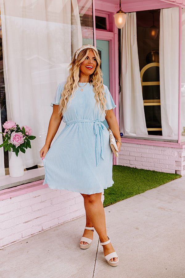 Flight Miles Pleated Dress In Sky Blue Curves sold by Impressions