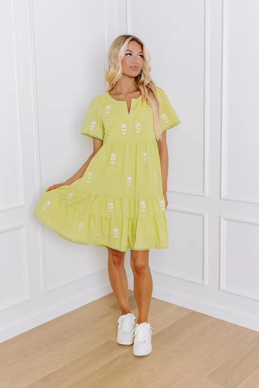French Farmhouse Embroidered Mini Dress in Lime Punch sold by Impressions