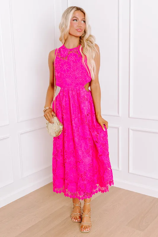 Enchanting Elegance Lace Cut Out Midi in Hot Pink sold by Impressions