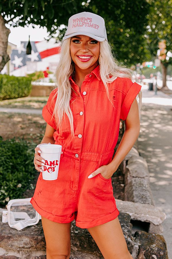 Sweet Duet Distressed Denim Romper In Red sold by Impressions product image thumbnail 2