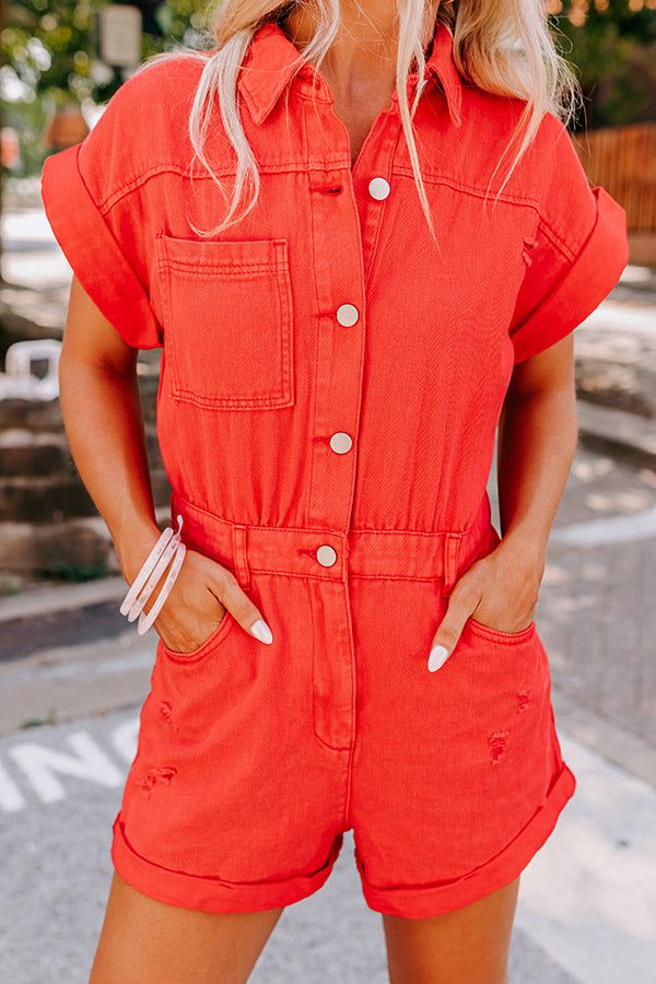 Sweet Duet Distressed Denim Romper In Red sold by Impressions product image thumbnail 3