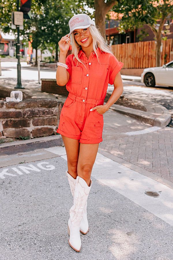 Sweet Duet Distressed Denim Romper In Red sold by Impressions