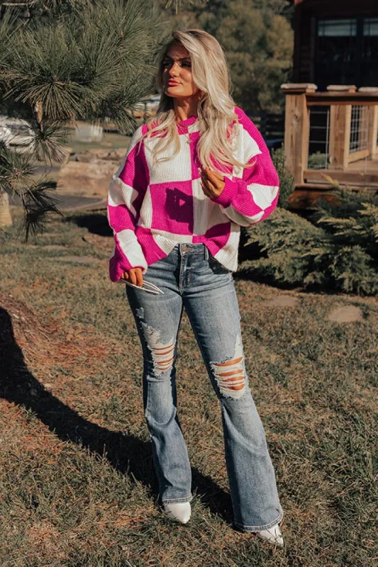 Hear The Beat Checkered Sweater In Fuchsia sold by Impressions