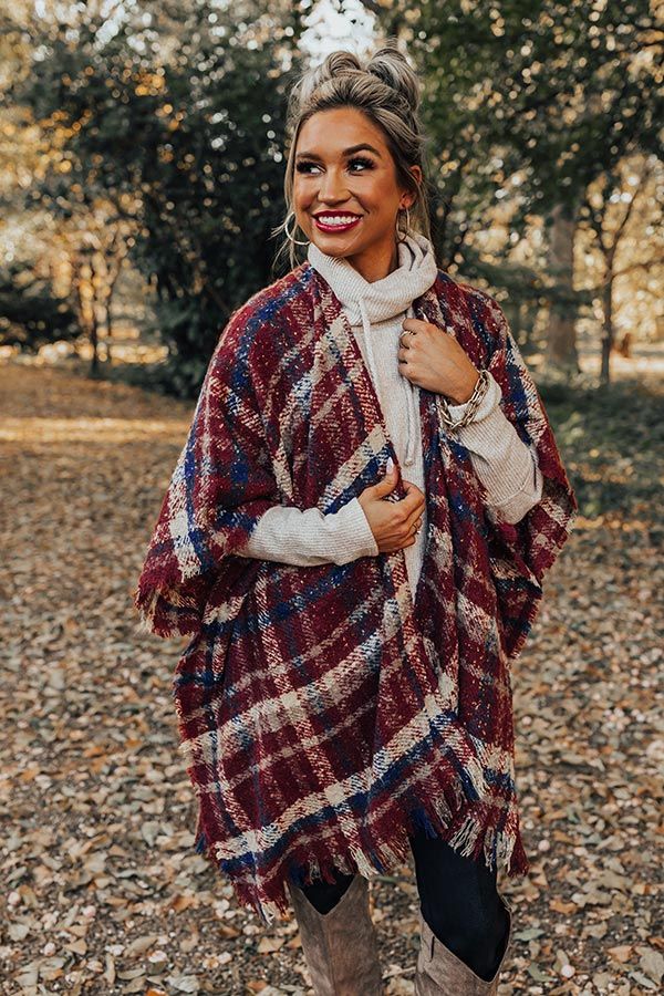 Chic Checklist Plaid Poncho In Aurora Red sold by Impressions