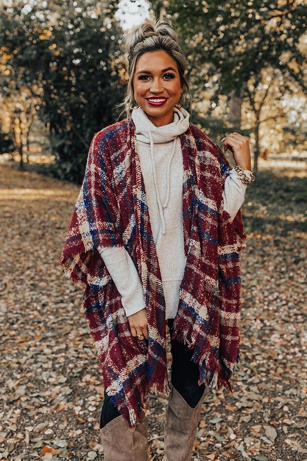 Chic Checklist Plaid Poncho In Aurora Red sold by Impressions product image thumbnail 2