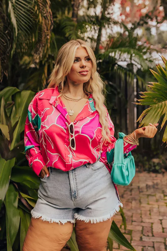 The Next Chapter Satin Button Up in Hot Pink Curves sold by Impressions