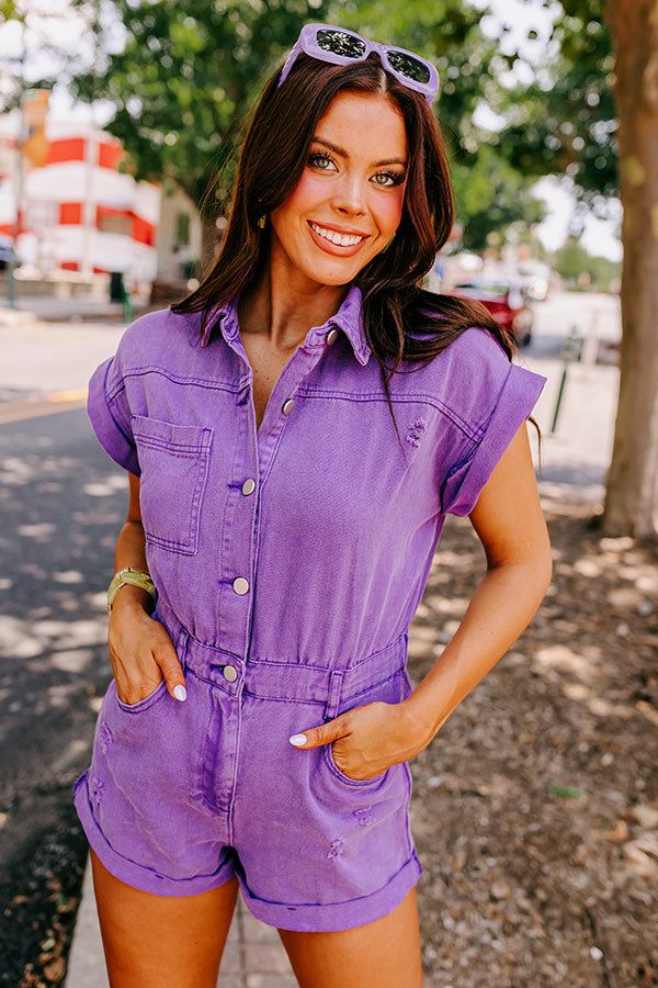 Sweet Duet Distressed Denim Romper In Purple sold by Impressions product image thumbnail 4
