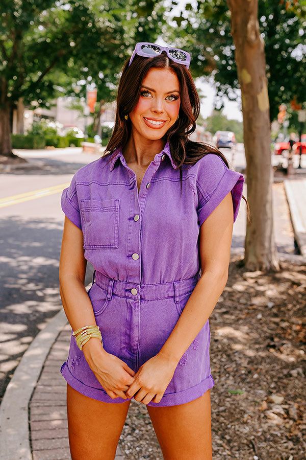 Sweet Duet Distressed Denim Romper In Purple sold by Impressions product image thumbnail 2