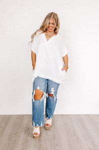 Beyond Lovely Shift Top In White Curves sold by Impressions