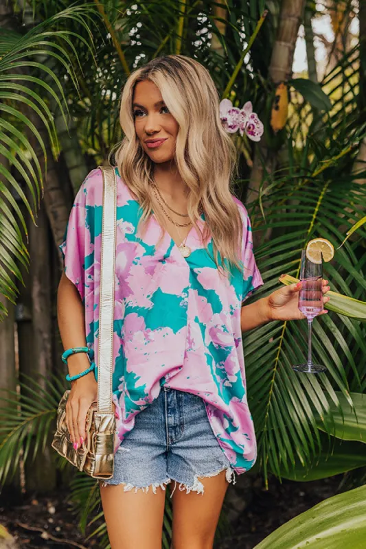 Hibiscus Happiness Satin Shift Top in Turquoise sold by Impressions