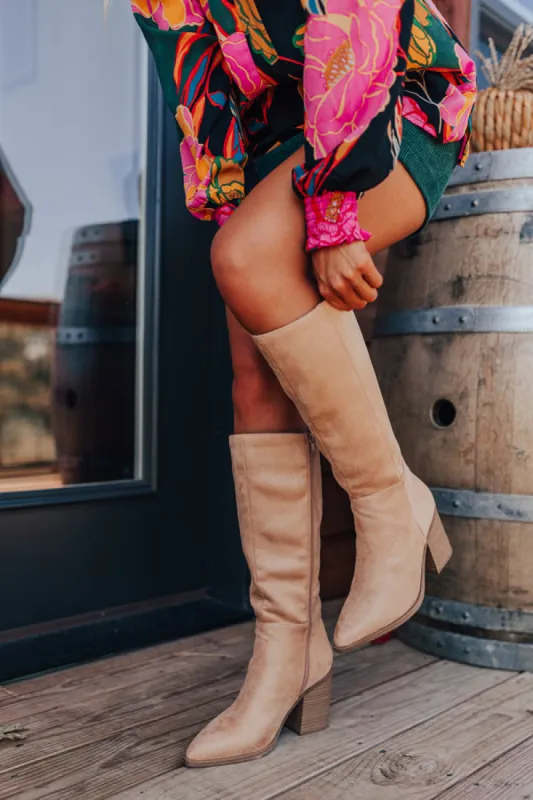 The Elanor Faux Suede Knee High Boot in Tan sold by Impressions