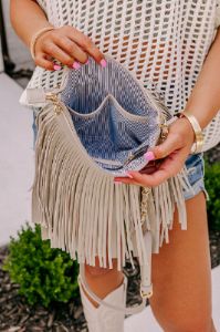 Right On Cue Fringe Crossbody In Grey sold by Impressions
