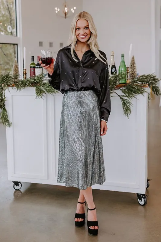 Dance All Night Sequin Midi Skirt in Silver sold by Impressions