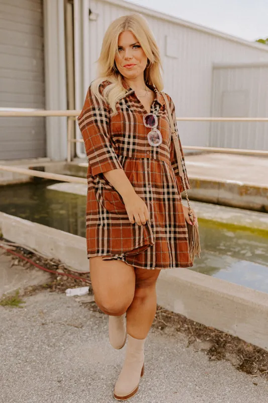 Cheery Mood Plaid Tunic Dress In Dark Camel Curves sold by Impressions