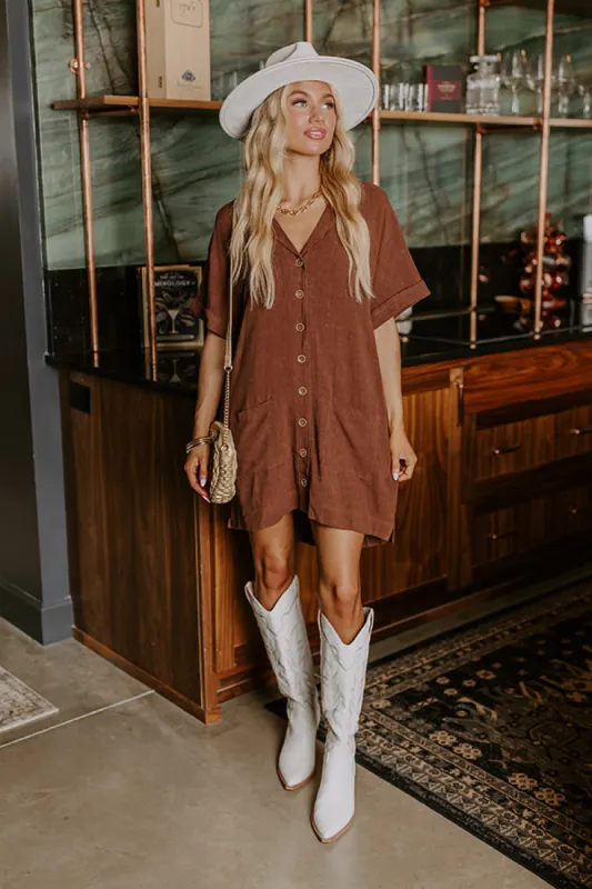 St. Lucia Bound Linen-Blend Mini Dress in Chocolate sold by Impressions
