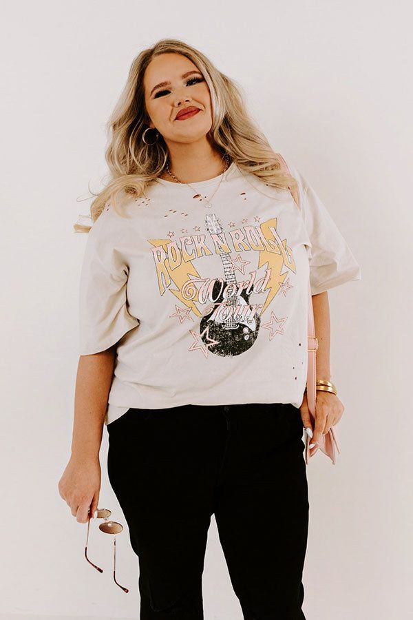 Rock N Roll World Tour Distressed Boyfriend Tee In Stone Curves sold by Impressions product image thumbnail 5