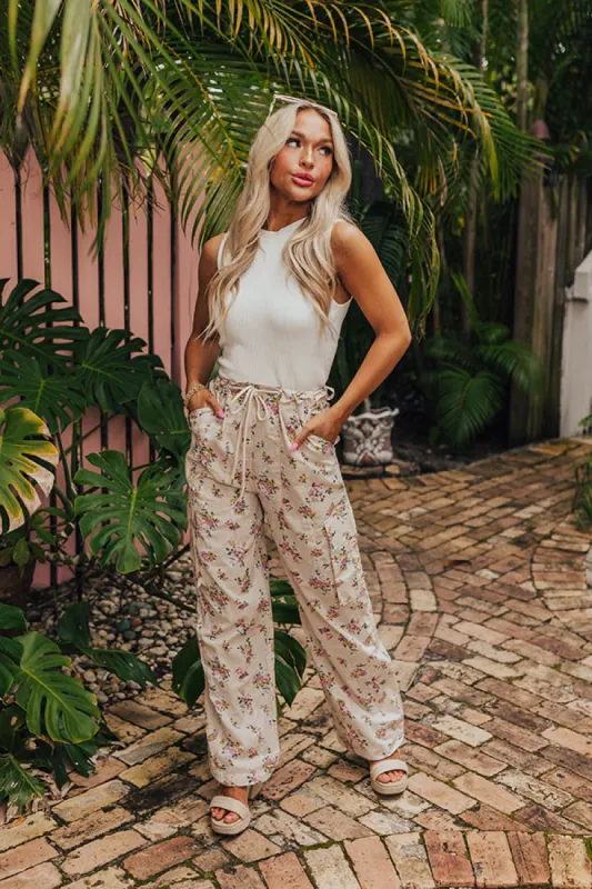 Free Spirit High Waist Floral Cargo Pants in Light Beige sold by Impressions