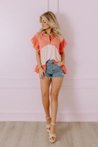 Springtime Sips Lace Babydoll Top In Coral sold by Impressions