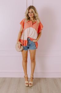 Springtime Sips Lace Babydoll Top In Coral sold by Impressions