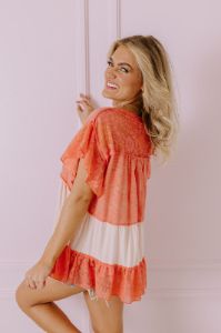Springtime Sips Lace Babydoll Top In Coral sold by Impressions