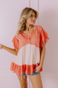 Springtime Sips Lace Babydoll Top In Coral sold by Impressions