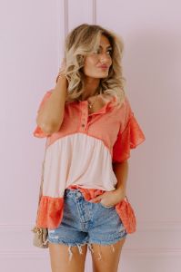 Springtime Sips Lace Babydoll Top In Coral sold by Impressions