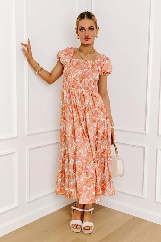 Vineyard Bound Smocked Midi in Orange sold by Impressions