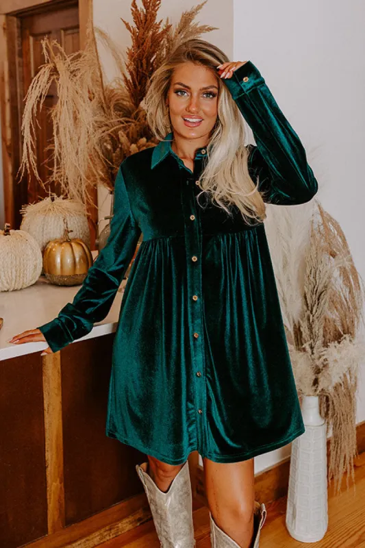 Festival Feels Velvet Mini Dress in Hunter Green sold by Impressions