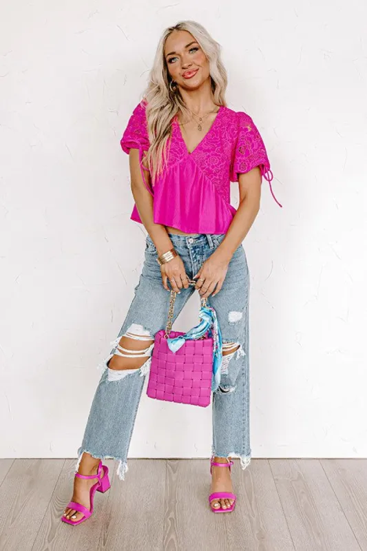 Romance Everywhere Embroidered Top In Hot Pink sold by Impressions