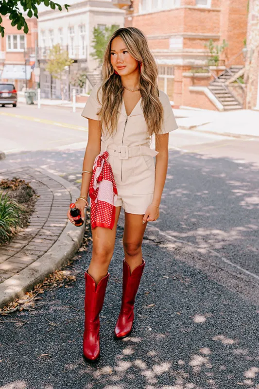 Stay Sophisticated Denim Romper In Light Beige sold by Impressions