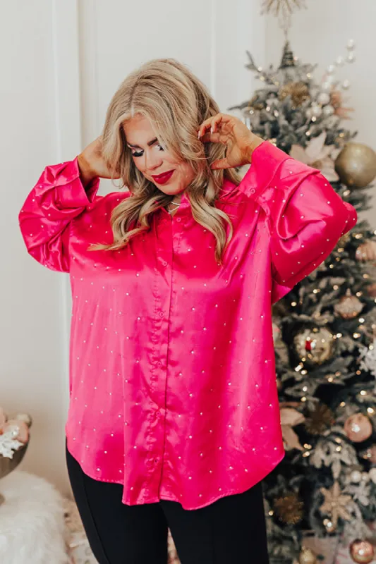 Milan Muse Rhinestone Satin Top In Hot Pink Curves sold by Impressions