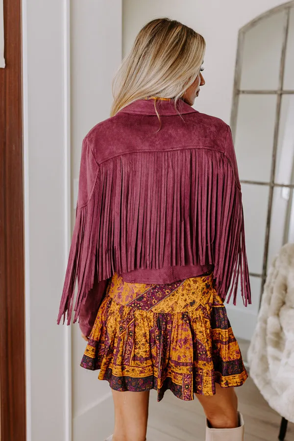 Boho Flow Faux Suede Fringe Jacket in Maroon sold by Impressions product image thumbnail 4