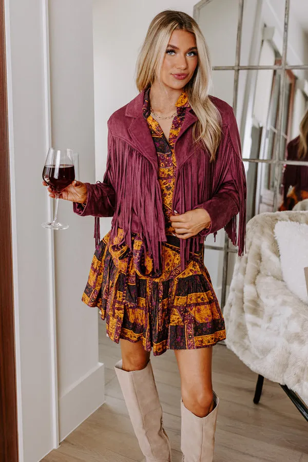 Boho Flow Faux Suede Fringe Jacket in Maroon sold by Impressions
