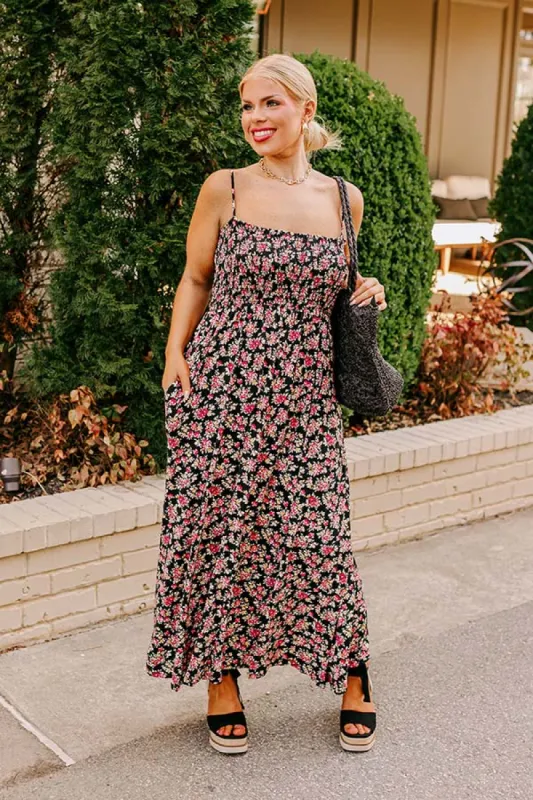 Smiles and Sunshine Floral Maxi in Black Curves sold by Impressions