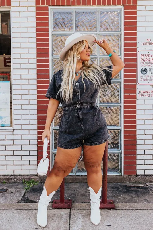 Manhattan Marvels Denim Romper in Vintage Black Curves sold by Impressions