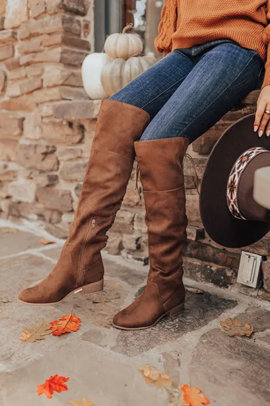 The Victoria Faux Suede Thigh High Boot In Brown sold by Impressions