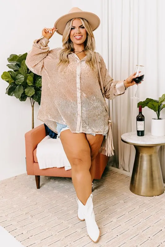 Rooftop Soiree Velvet Burnout Top In Iced Latte Curves sold by Impressions