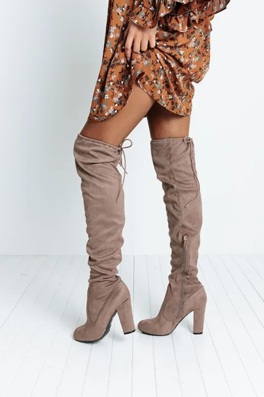 The Charleston Thigh High Boot In Taupe sold by Impressions