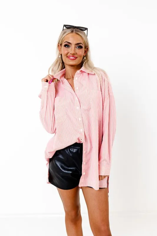 Down By The Bay Stripe Button Up In Coral sold by Impressions